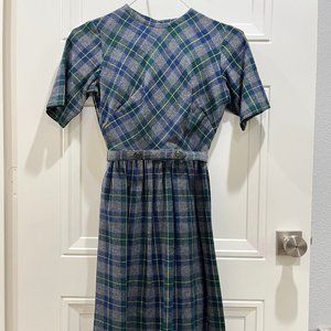 Vintage Tartan Wool Blend Short Sleeved Dress with Matching Belt